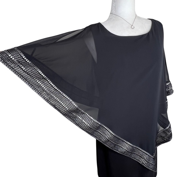 SLNY Dress Sheath Asymmetrical Metallic Trim Capelet Black Sliver 10 Medium M - Picture 5 of 16